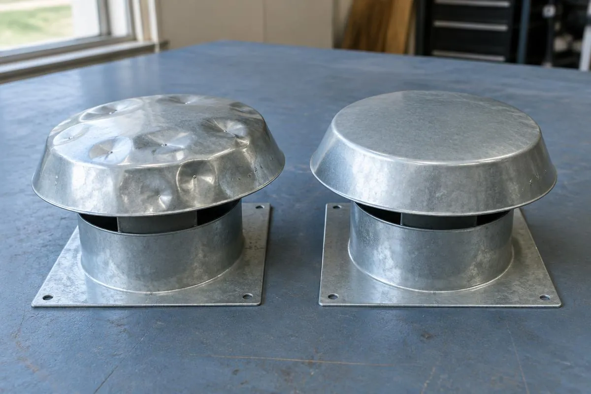 Dented metal roof vent displayed beside an undamaged sample