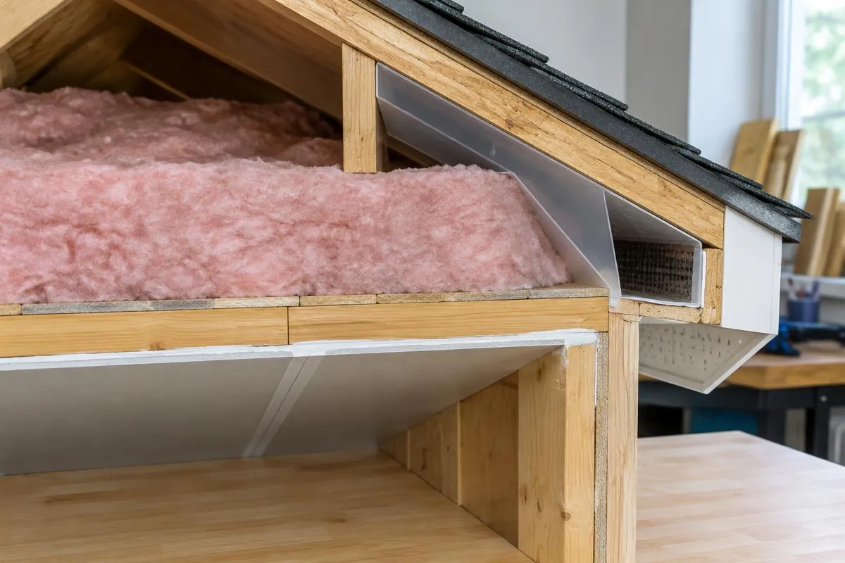 Attic ceiling air-sealing detail model beside insulation and an eave baffle