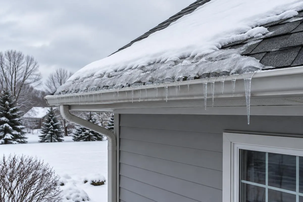 Ice buildup at an eave viewed from a distant safe ground position