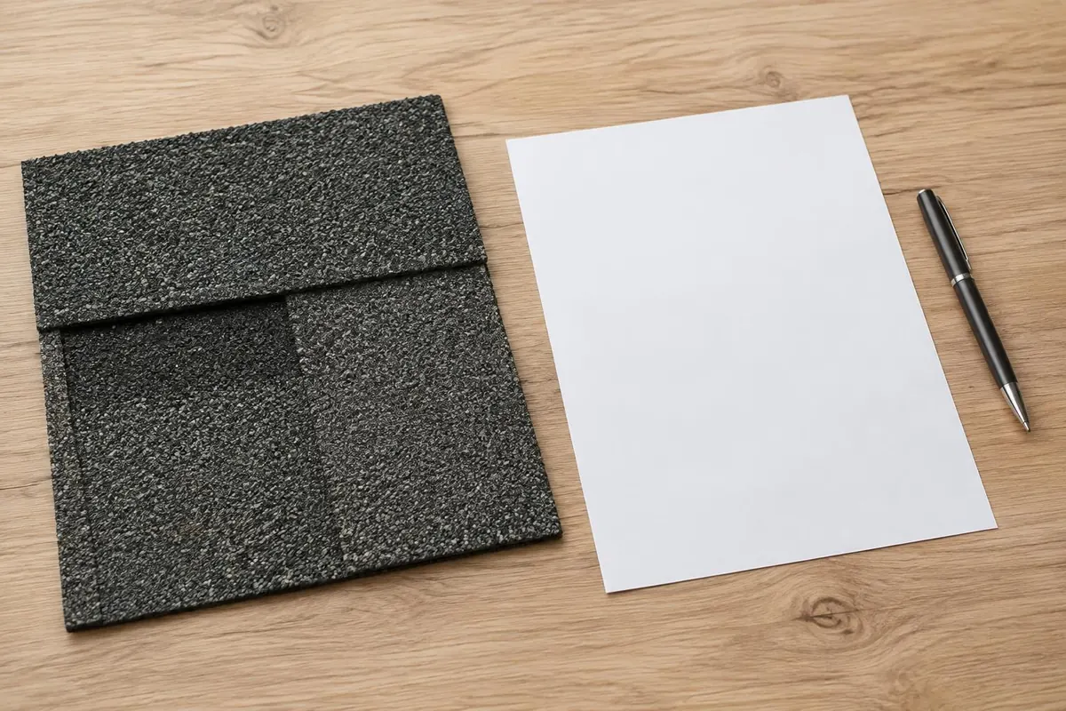 Shingle sample beside a product-rating document