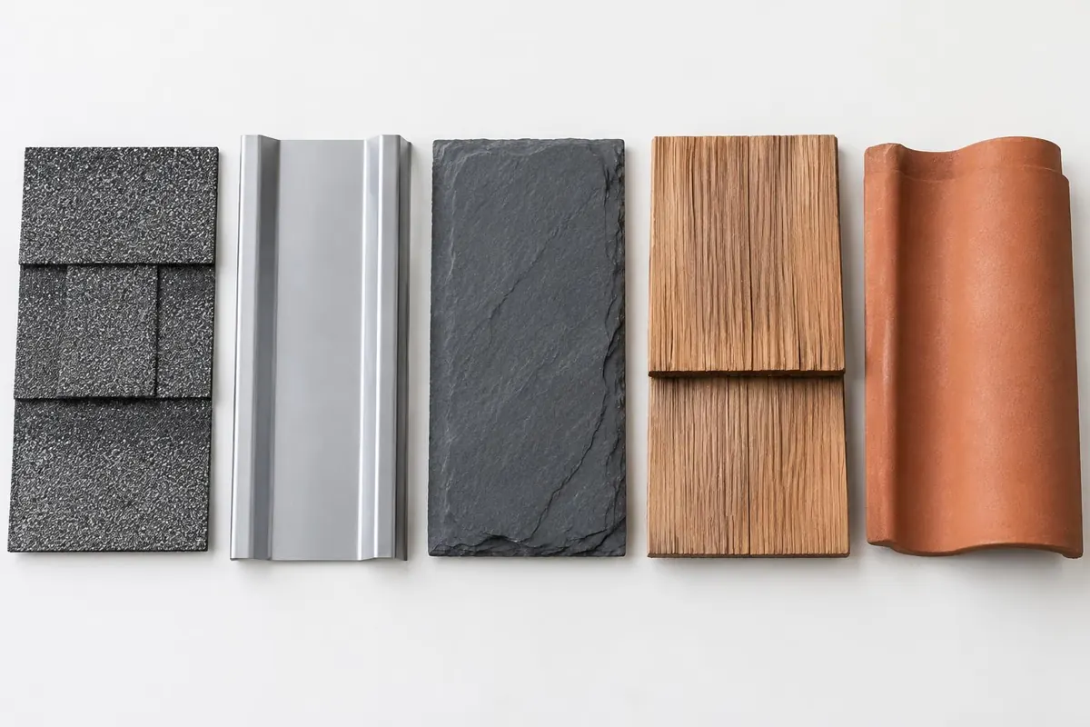 Five roof material samples arranged on one board