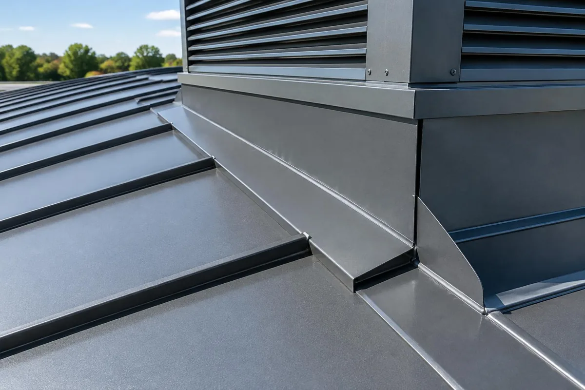 Standing-seam panel end lap beside a raised roof curb