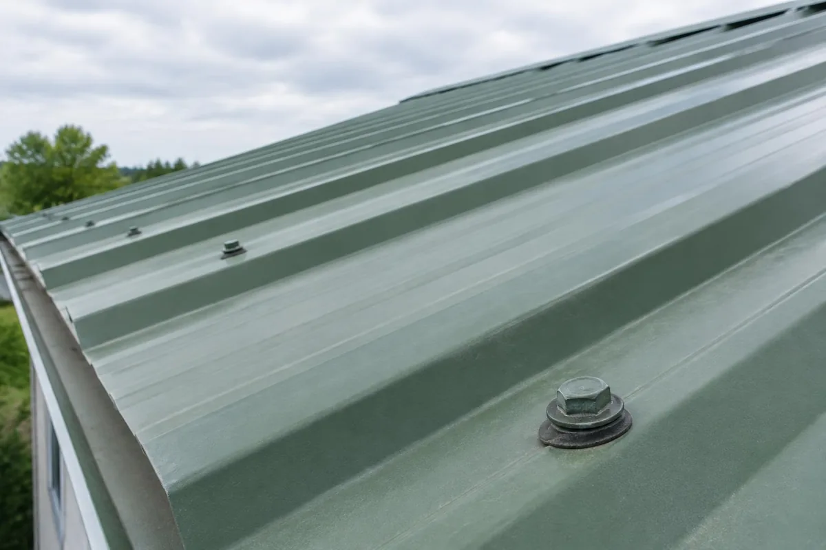Close-up of an exposed metal roof fastener and weathered sealing washer