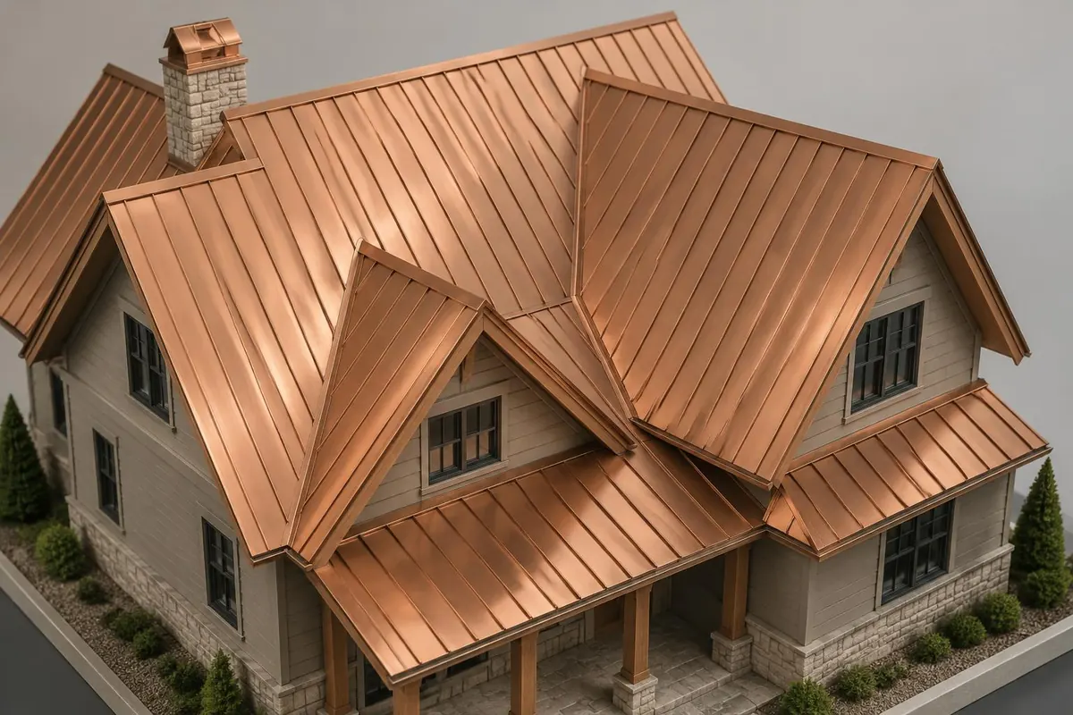 Metal roof model with several valleys and changes in slope