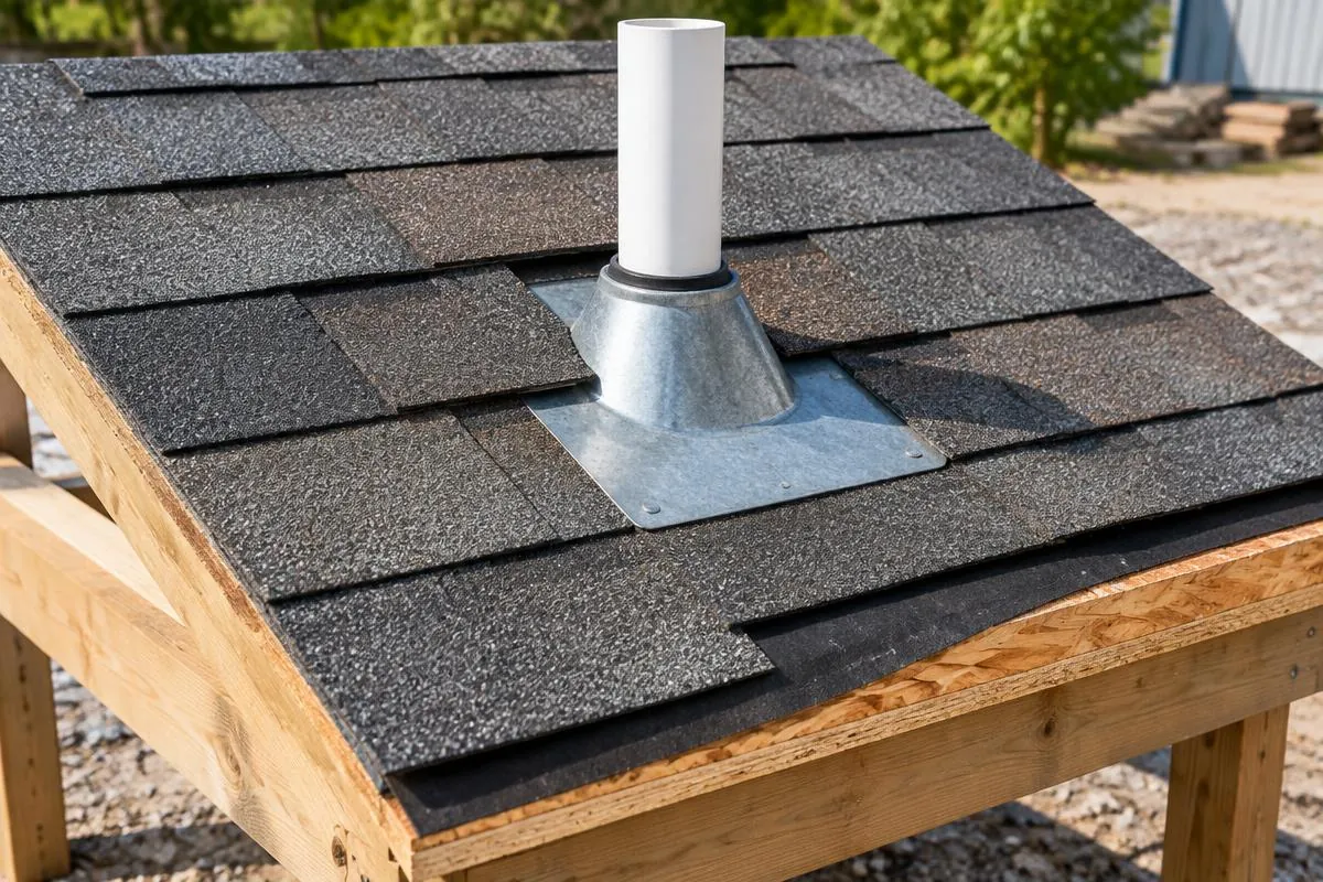 Pipe flashing base layered with shingles on a roof detail model