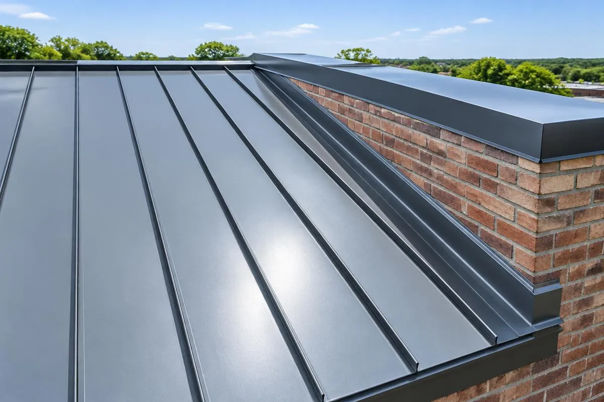 Metal roof joint beside a brick parapet