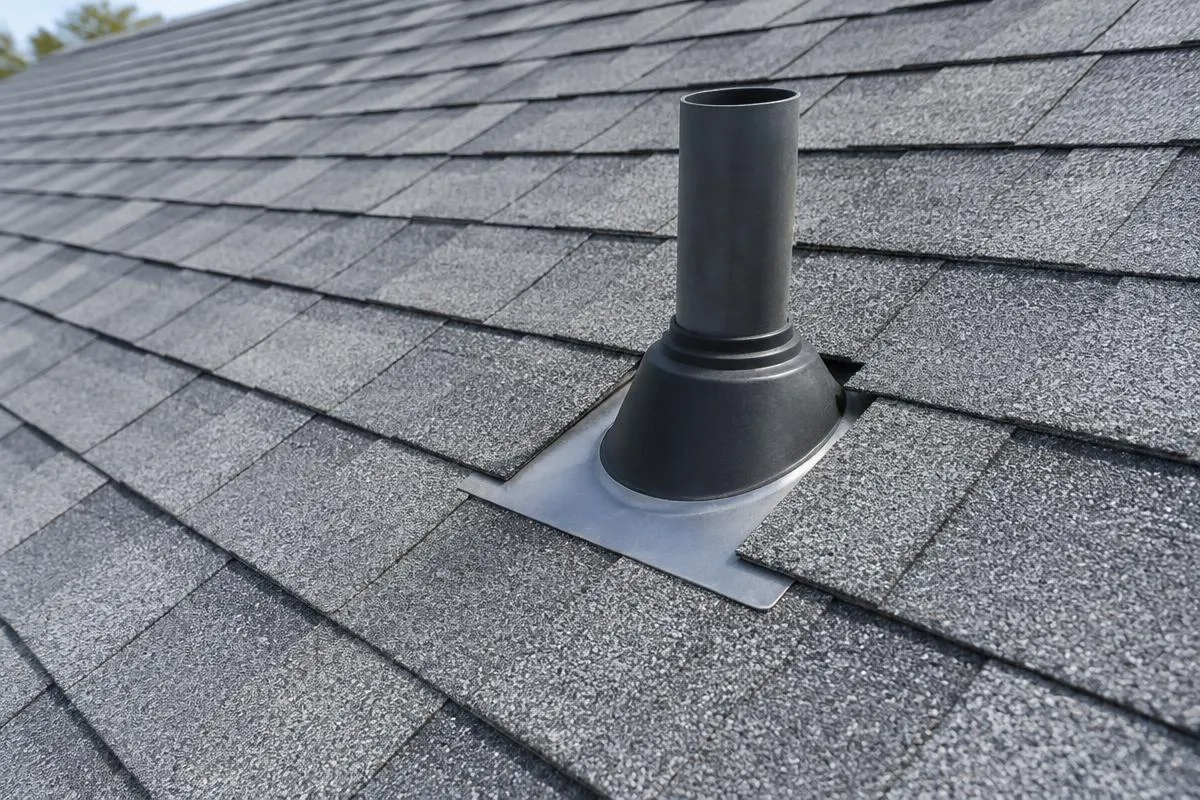 Pipe boot and surrounding roof shingles