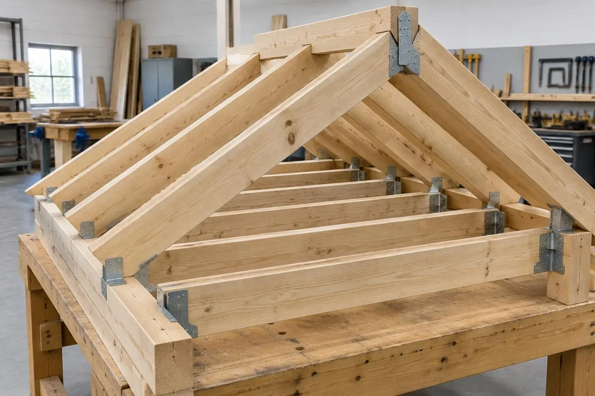Roof framing connection displayed on an indoor construction model