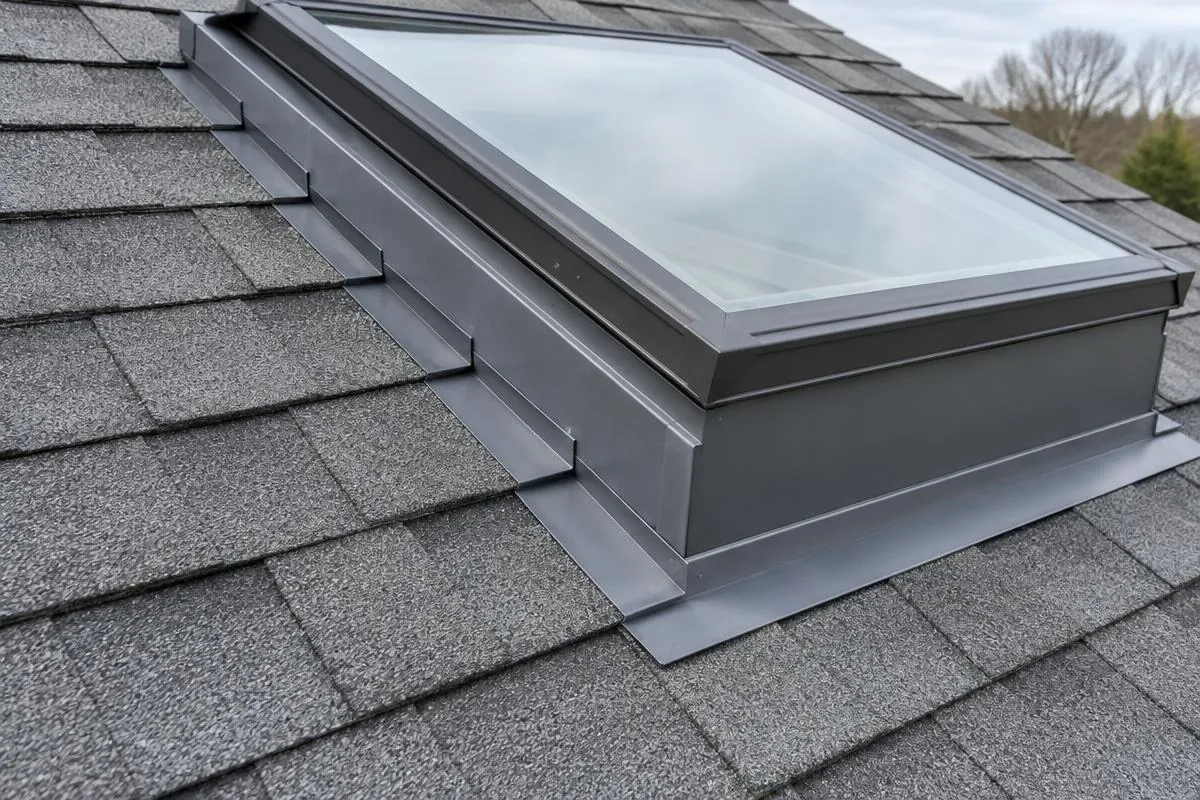 Raised skylight curb with stepped side flashing meeting shingle courses