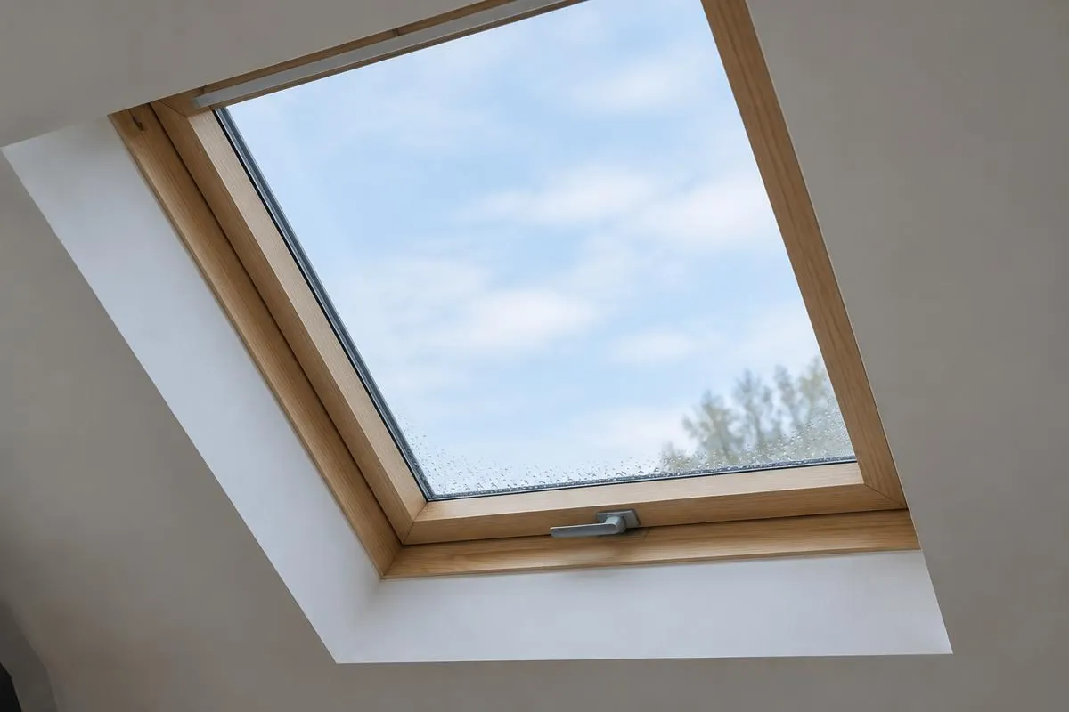 Room-side skylight glass with small moisture beads and a clear view of its frame