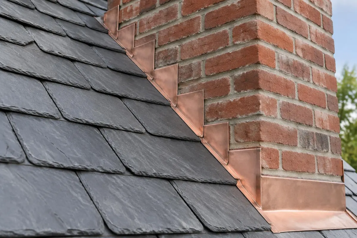 Stepped flashing beside a slate roof and brick chimney model