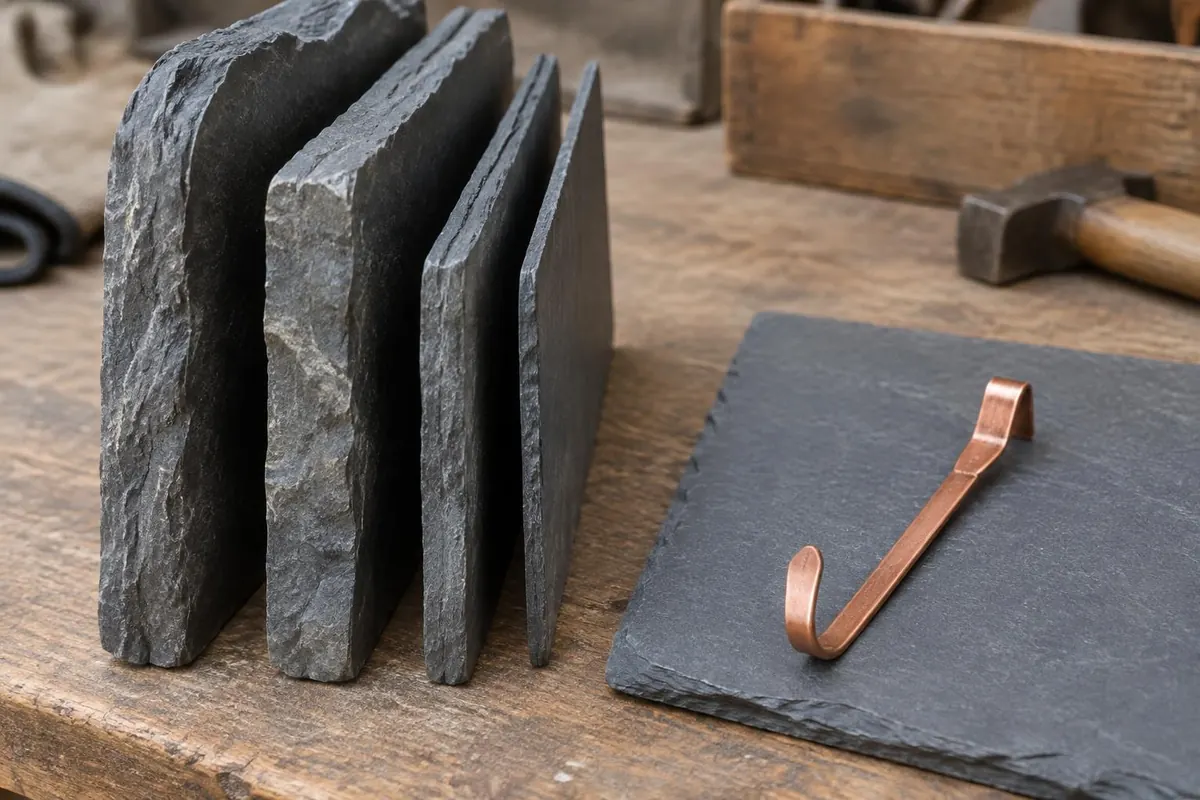 Slate edges and a repair hook on a sample board