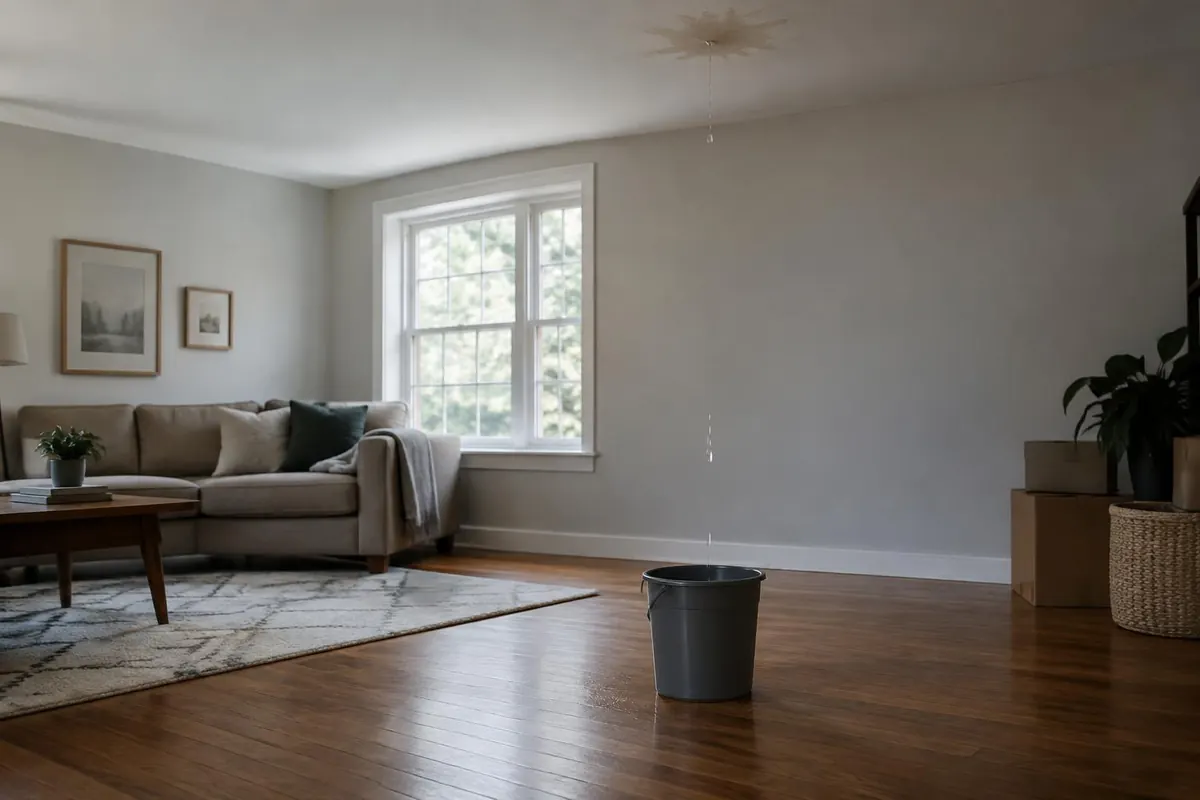 Household belongings moved away from a ceiling leak in a dry room area
