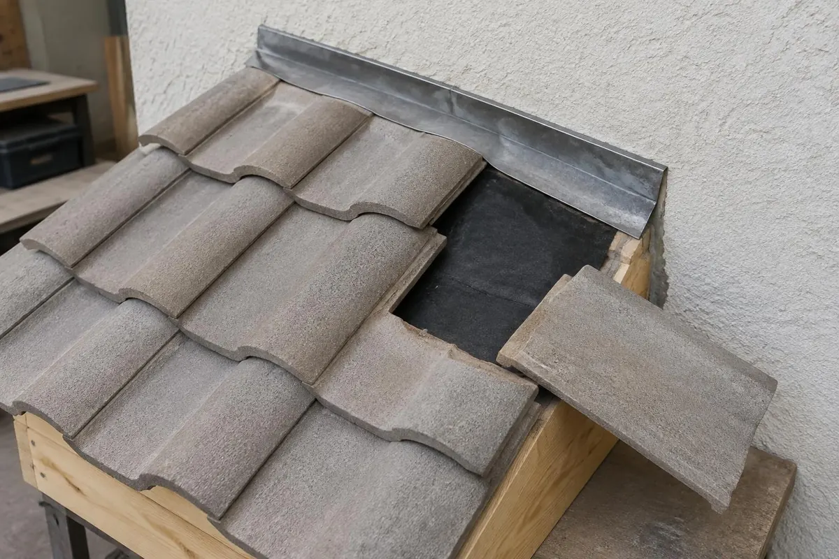 Concrete tiles beside a wall flashing cutaway
