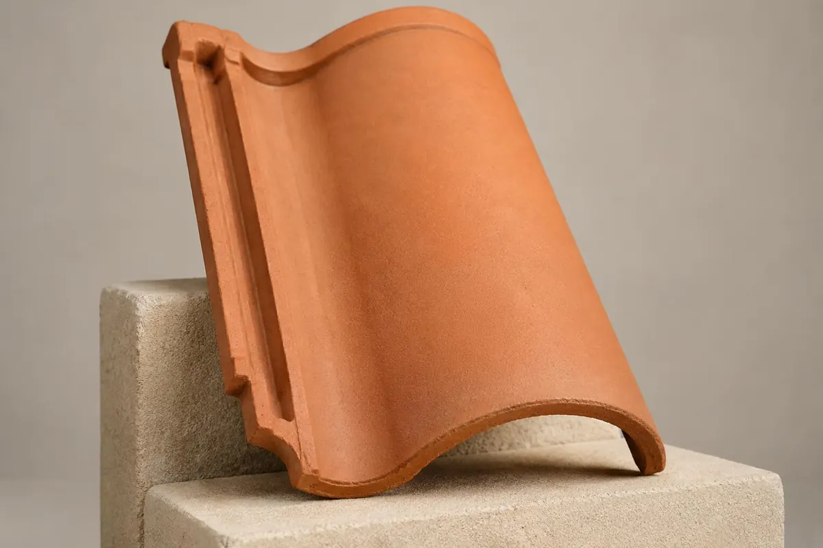 Curved clay roof tile with its edge profile visible
