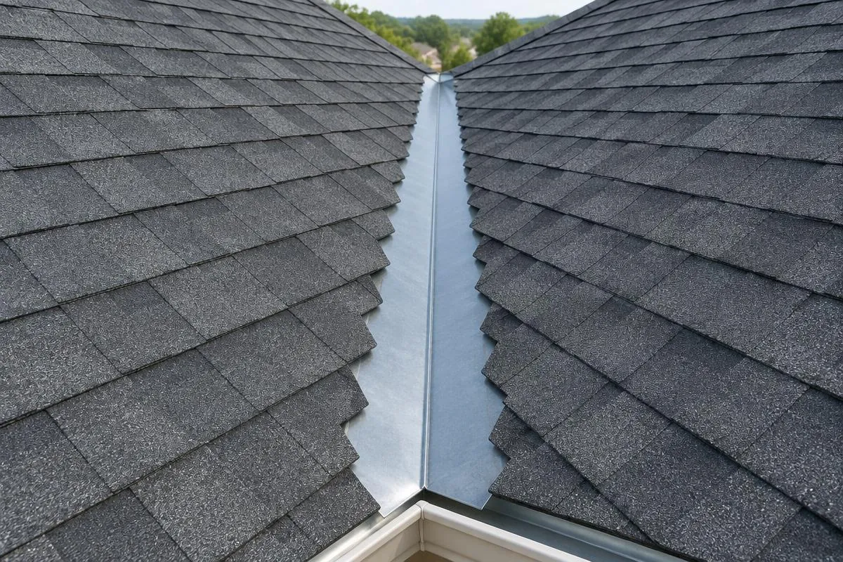 Open roof valley with visible metal channel between two shingle slopes