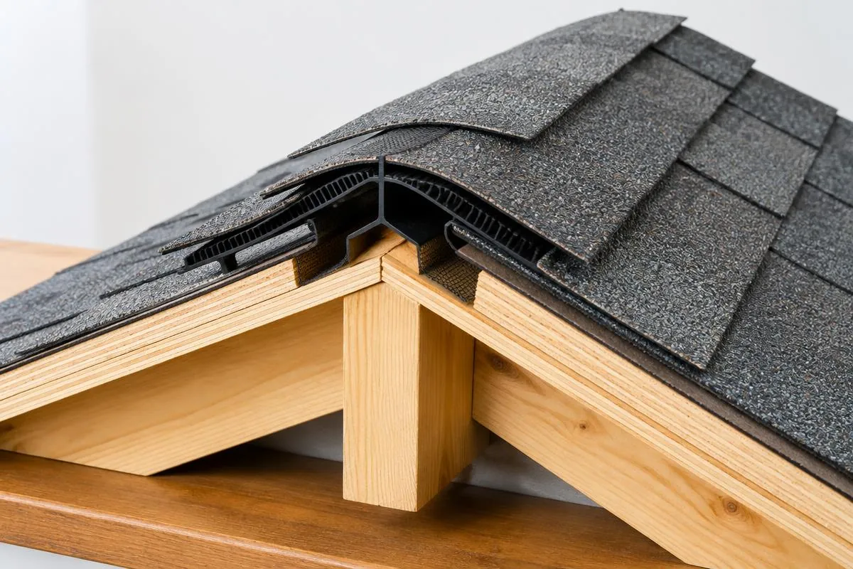 Ridge vent and cap shown in a roof cross-section model
