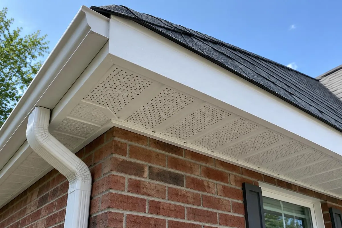 Soffit intake grille with the adjacent eave profile in view