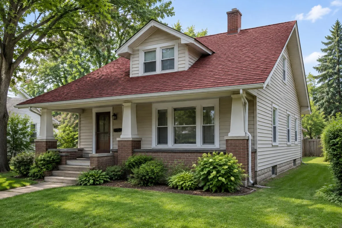 Shingle roof and dormer on a house viewed from the ground