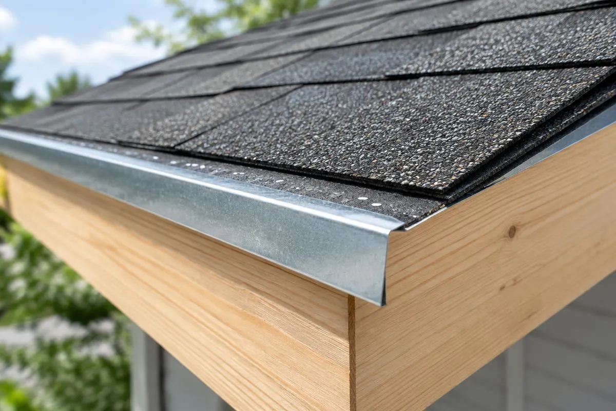 Bent drip-edge metal at the corner of a roof assembly sample