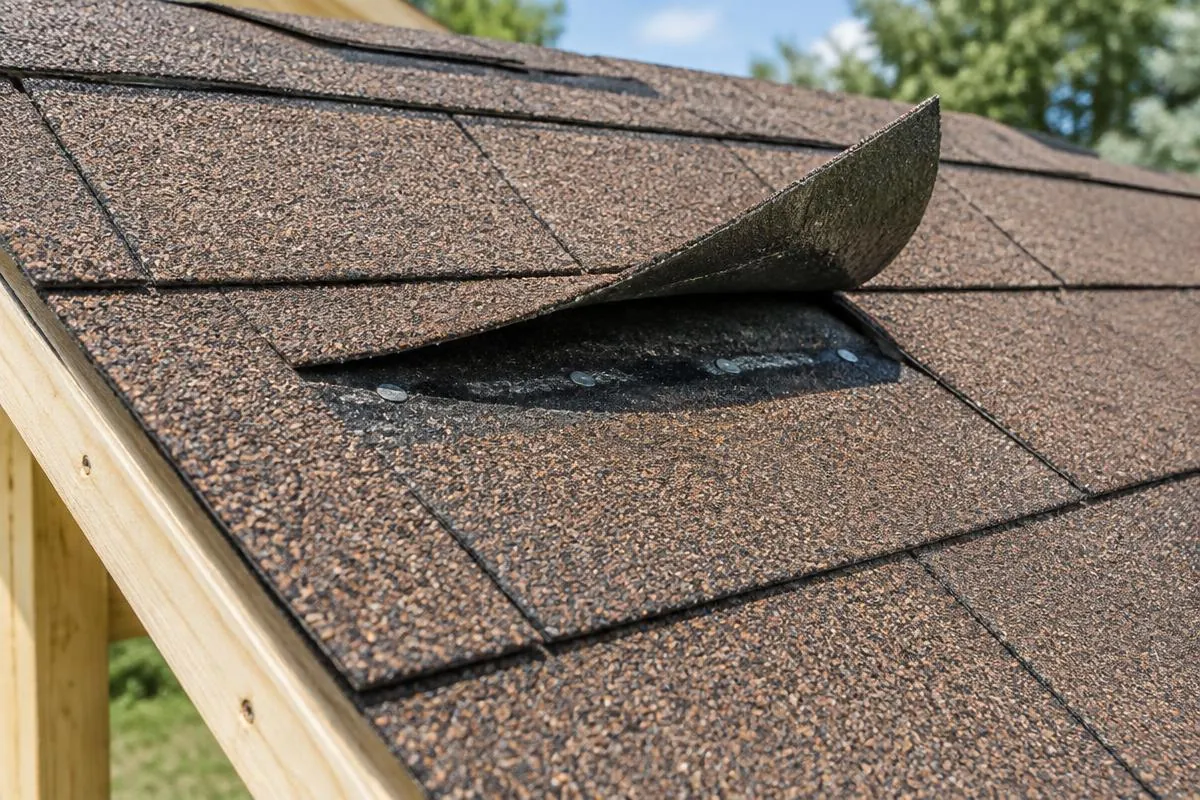Wind-lifted asphalt shingle edge on a roof detail demonstration